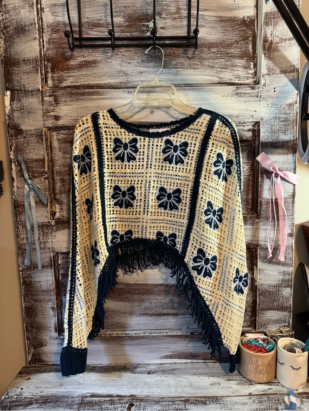 House of Harlow 1960 Cream Crochet Fringe Sweater with Blue Bow Motifs